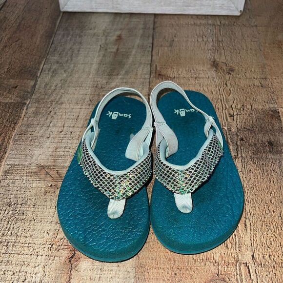 TODDLER SANUK Sea Green Root Beer Cozy FLIP FLOP SANDALS W/ HEEL STRAP SIZE 7/8 - Picture 1 of 9